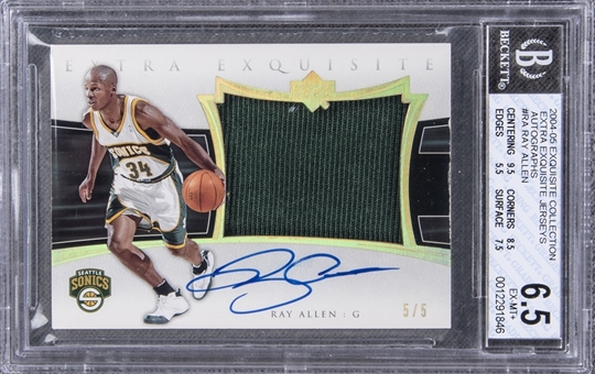 2004-05 UD "Exquisite Collection" Extra Exquisite Jerseys Autographs #RA Ray Allen Signed Game Used Patch Card (#5/5) – BGS EX-MT+ 6.5/BGS 10